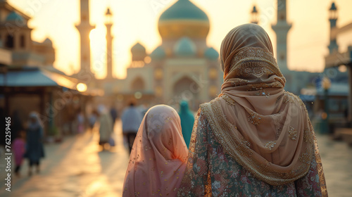 Muslim women in front of the mosque at sunset, Ramadan Kareem. AI.