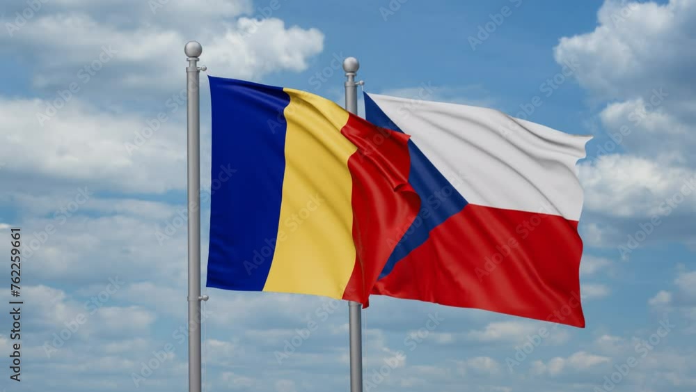 Czech Republic and Romania two flags waving together, looped video, two country relations concept Czech Republic and Romania two flags waving together, looped video, two country relations concept