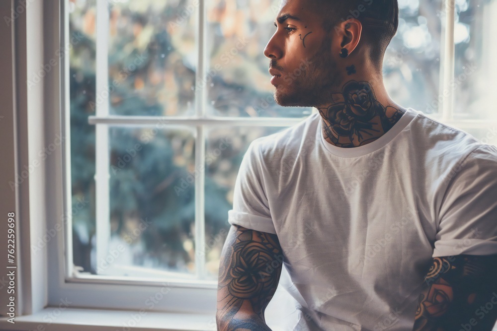 Calm man in white t-shirt with tattoo on arms looking through window Calm man in white t-shirt with tattoo on arms looking through window