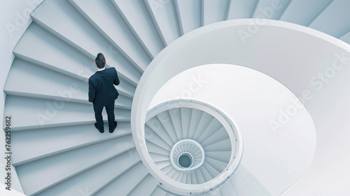 Conceptual image of young businessman in suit standing on spiral staircase. AI.