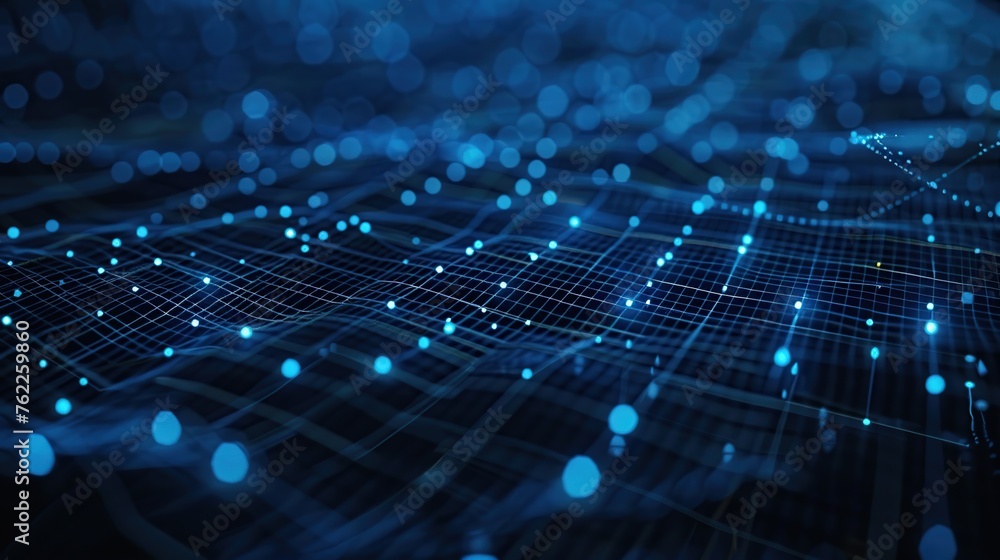 This image features a futuristic network grid with deep blue nodes and light connections, ideal for representing concepts of the internet, connectivity, and high-tech networks