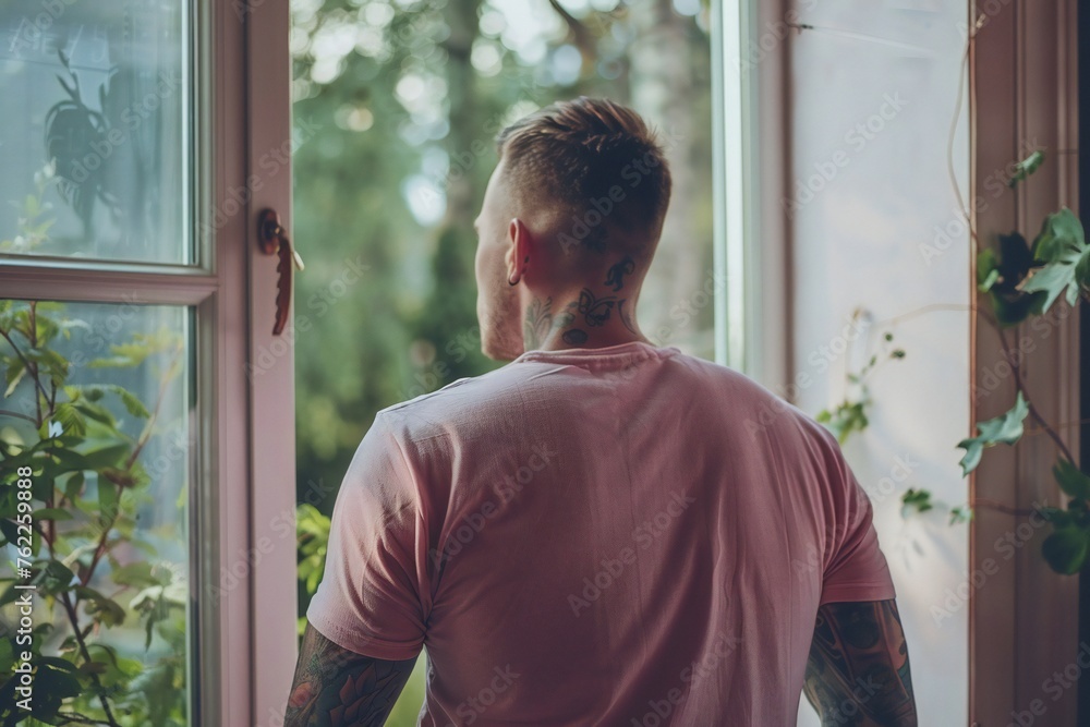 Calm man in pink t-shirt with tattoo on arms looking through window Calm man in pink t-shirt with tattoo on arms looking through window