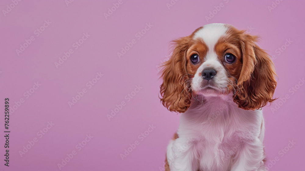 Adorable Cavalier King Charles Spaniel puppy with expressive eyes against a soft pink background