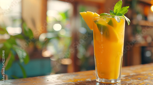 A glass of Mango Smoothies, refreshing beverages, serve on the wooden desk,mango juice in a glass and mango fruit. on a white background 