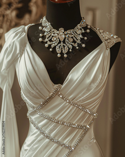 Elegant dress with sparkling necklace, a perfect bridal look photo