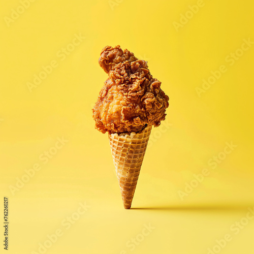 Fried chicken pieces artfully arranged in an ice cream cone against a yellow background photo