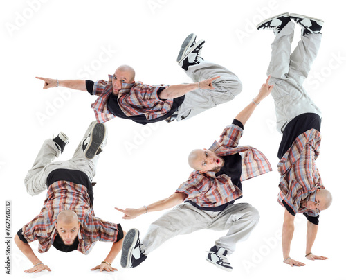 Collage with four poses breakdancer (one model) isolated on white background.