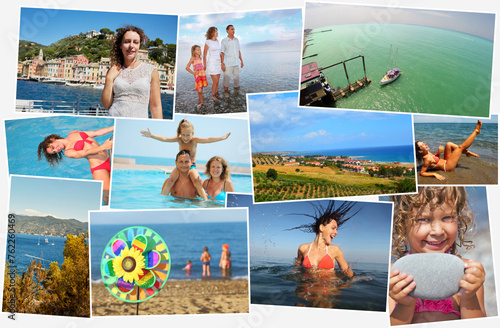 Collage with 11 people (five model) holidaymakers on sea coast photo