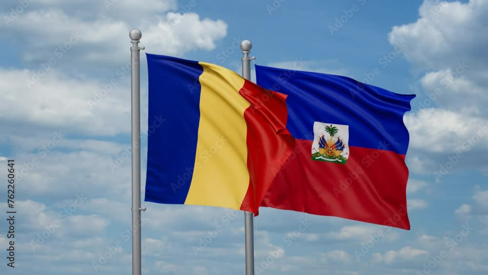 Haiti and Romania two flags waving together, looped video, two country relations concept Haiti and Romania two flags waving together, looped video, two country relations concept
