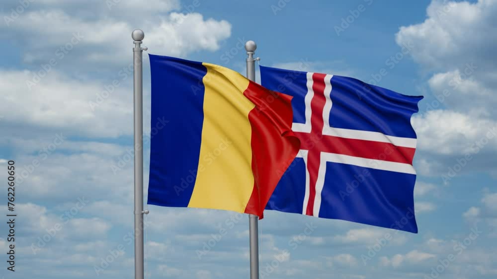Iceland and Romania two flags waving together, looped video, two country cooperation concept Iceland and Romania two flags waving together, looped video, two country cooperation concept