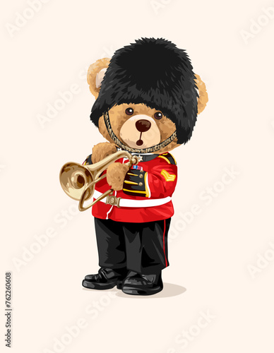 cute cartoon bear doll trumpet player in military parade uniform hand drawn vector illustration