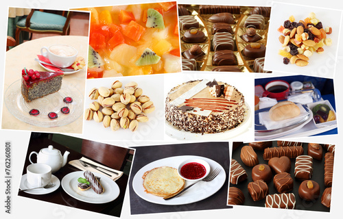 collage of sweet desserts, fruits, nuts, sweets, cakes