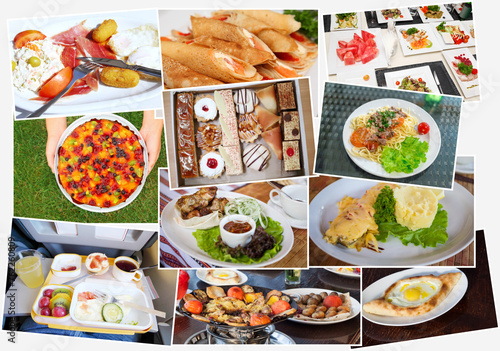 collage with variety of food on platter