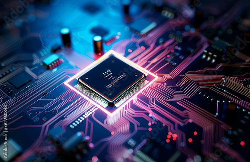 Circuit board technology background. Computer processors aligned with abstract lighting effects postproduction.