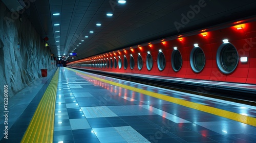 Long Red Train Traveling Through Tunnel © Emiliia