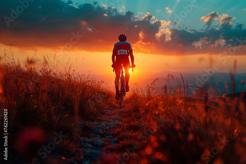 Silhouette of cyclist on a gravel bike riding on a dust trail at countryside during sunset.