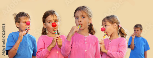 Collage with three girl and two boy (two models) with clown nose suck multicolored candies photo