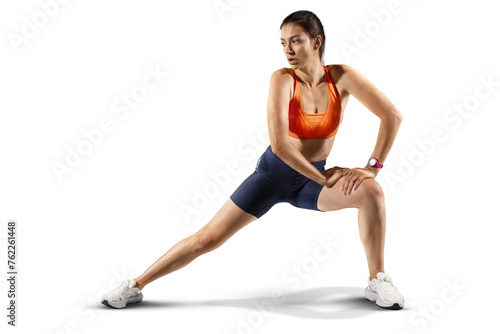Beautiful woman at the gym doing fitness exercises. Sports transparent background.	