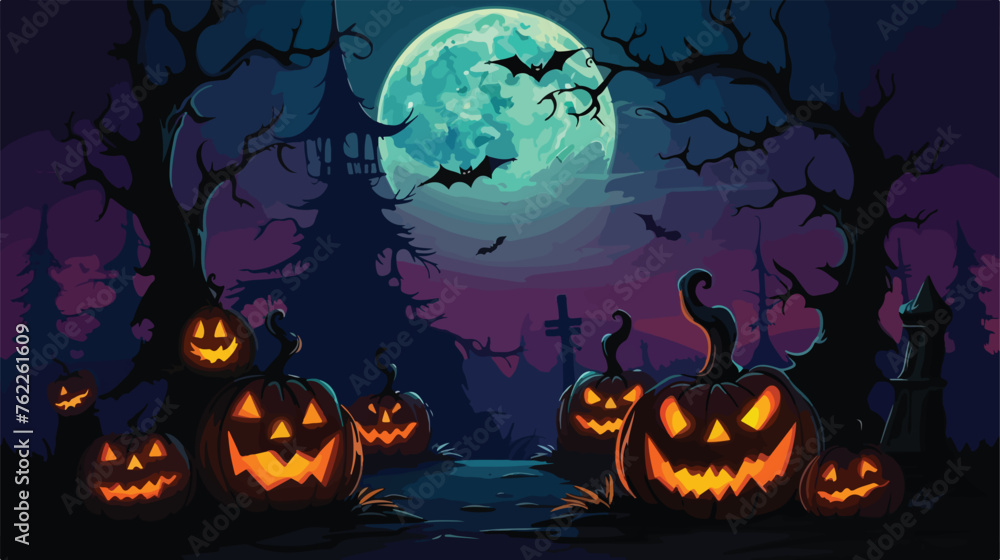 Halloween pumpkins under the moonlight with bats. Co