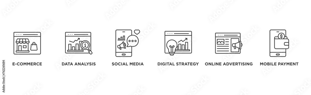 Digital economy banner web icon vector illustration concept with icon of e-commerce, data analysis, social media marketing, digital strategy, online advertising, mobile payment	