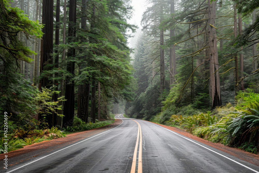 Asphalt road with with double white line and green tree alley. Asphalt road with with double white line and green tree alley.