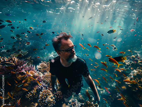 A person swimming underwater, surrounded by colorful fish and vibrant coral reefs. photo