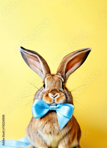 funny holiday bunny. cool bunny in a bow tie on a yellow background. Easter card © Marina