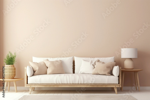 Experience the simplicity of a beige and Scandinavian sofa with a white blank empty frame for copy text  against a soft color wall background.