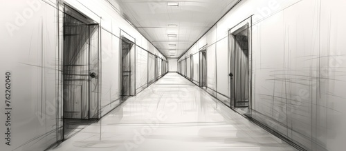 A symmetrical black and white drawing of a long hallway with parallel doors. The artwork showcases the buildings fixtures, flooring, and ceiling in a composite material