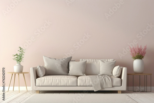 Experience the serenity of a beige and Scandinavian sofa paired with a white blank empty frame for copy text, against a soft color wall background.
