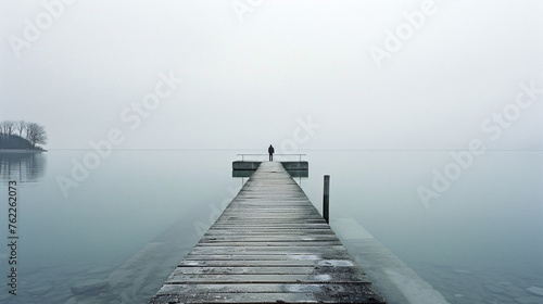 A solitary figure in contemplation on a misty dock  enveloped by serene tranquility.