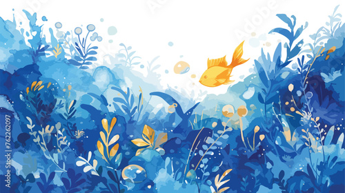 Hand drawn watercolor yellow fish and blue waves