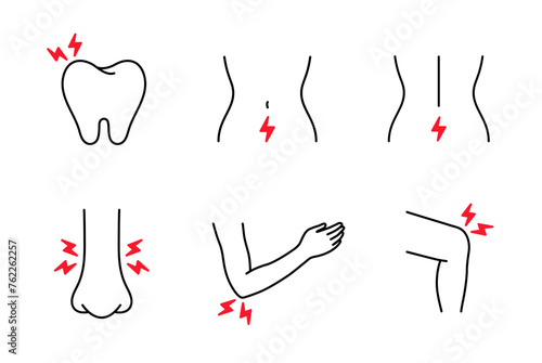 Set of Body Pain. Painkiller, painkiller concept. Inflammation and injury points. Human with headache, menstrual, abdominal pain, hand, elbow, spine, tooth, nose. Outline, thin line art, hand drawn