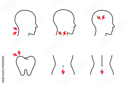 Set of Icons of Body Pain. Collection of Body Parts with Injuries. Painkiller, painkiller concept. Headache, Sore Throat, Toothache, Cramps, Abdominal Pain, Back Pain, Joint Pain. Body with Irritants