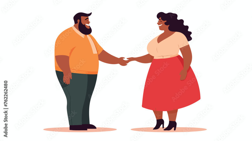 Happy fat man and woman talking. Chubby chunky peopl