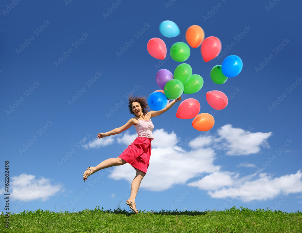 Collage with woman barely touching earth flight away on balloons Collage with woman barely touching earth flight away on balloons