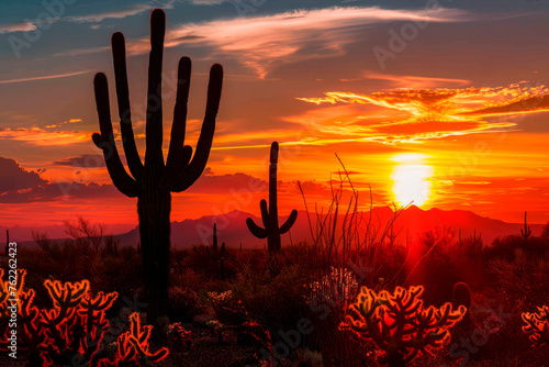 Desert Sunset with Silhouettes of Saguaro Cactus.