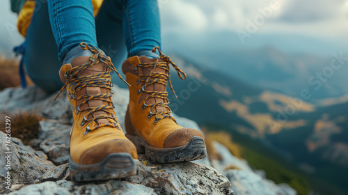 woman hiker legs in hiking boots on top of a mountain.
