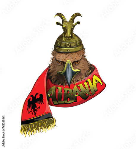 eagle head Albania symbol drawing with helmet of Skanderbeg in head on red scarf
