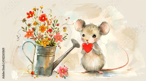 super cute drawing illustration of a cute little mouse holding a red heart. next to it, there are colorful spring flowers in a retro silver watering can © Pekr