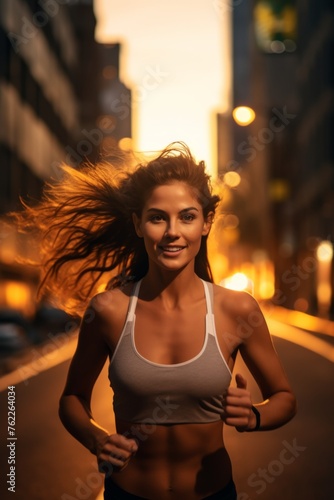 Female Athlete Runs on the street with blurred Lights Behind. Woman running. Vertical orientation