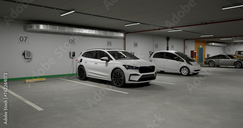 Generic electric crossover car connected to charging box. EV vehicle plugged in energy station, recharge battery at shopping mall or urban city house parking lot.