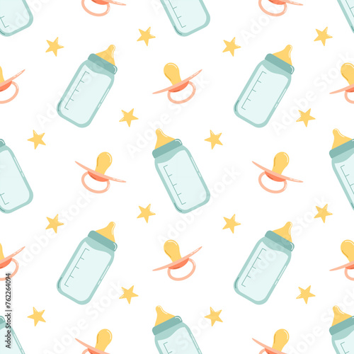 Seamless pattern with baby bottle and pacifier. Vector cute baby illustration