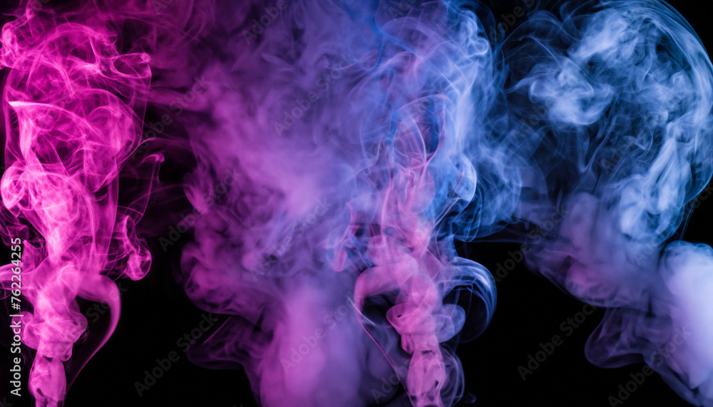 Blue, pink, purple vape smoke on black isolated background; abstract smog vapor ghost concept