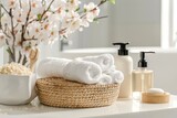 Bath and cosmetic products with almond extract and toiletries on white table in bathroom. Front view. Horizontal composition.