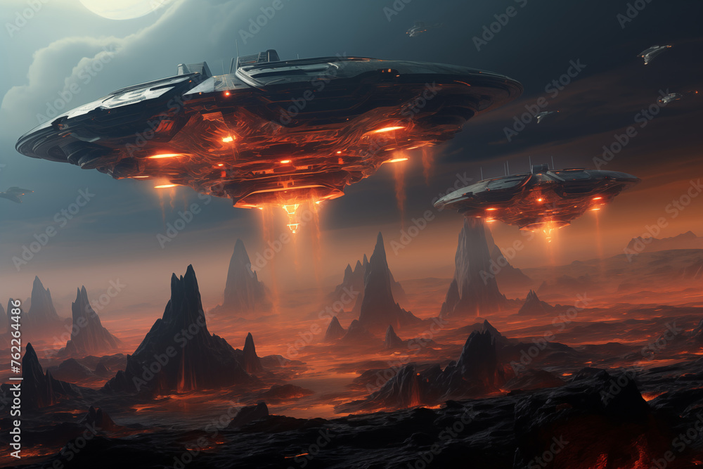 Alien spaceship fleet above the planet landscape.