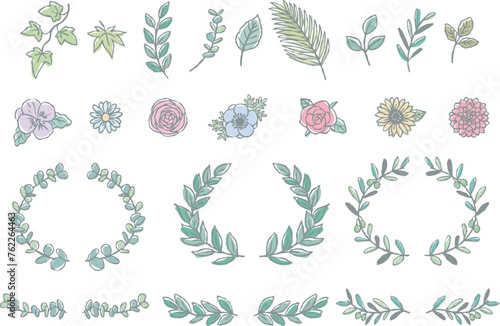 色んな葉っぱと花のイラストセット　手描き線画