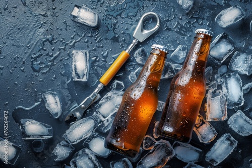 Beer bottles on crushed ice with bottle opener close up . Horizontal composition. Top elevated view. photo