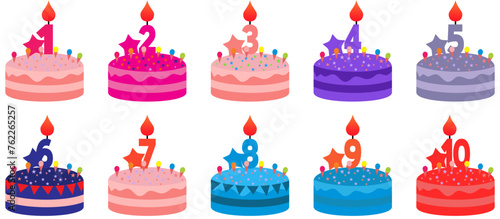 Cake Collection set with candle numbers. Happy Birthday surprise. Pink cake emoji. Anniversary party. Pastel color. Cartoon creative vector design icon isolated on white background. photo