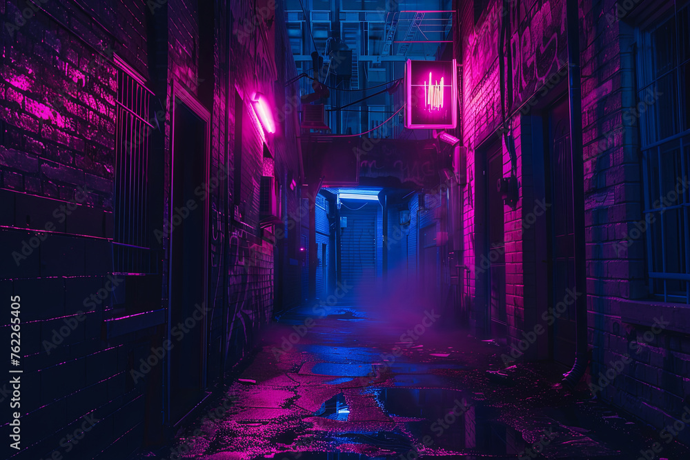 A back alley with neon light at night